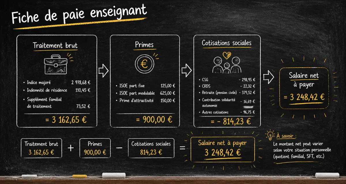 calcul salaire prof schéma fiche de paie