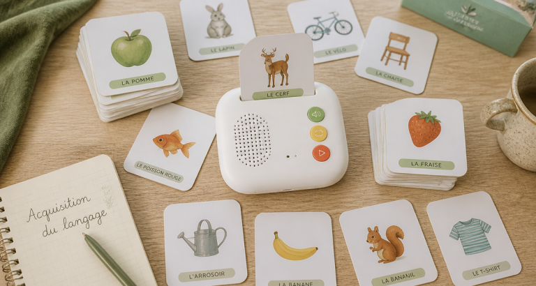 Carte parlante Montessori et cartes éducatives sur table