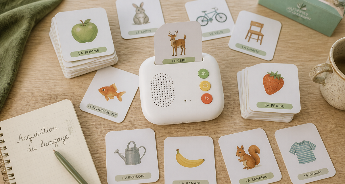 Carte parlante Montessori et cartes éducatives sur table