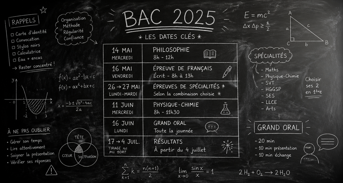 date du bac 2025 calendrier manuscrit sur tableau noir