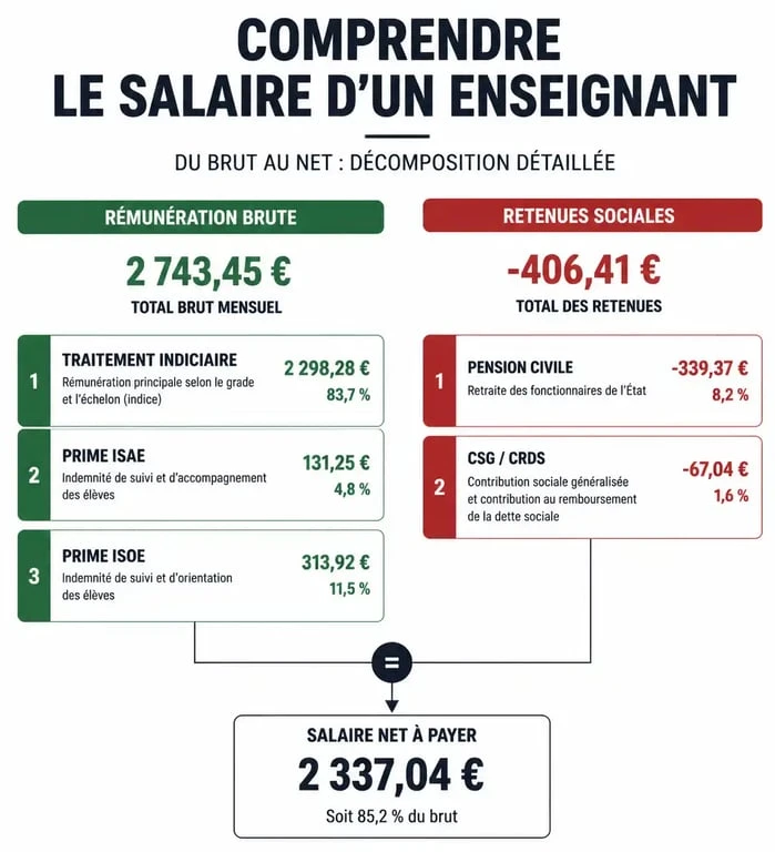 Schéma explicatif du calcul du salaire d'un professeur : traitement brut, primes et cotisations sociales.