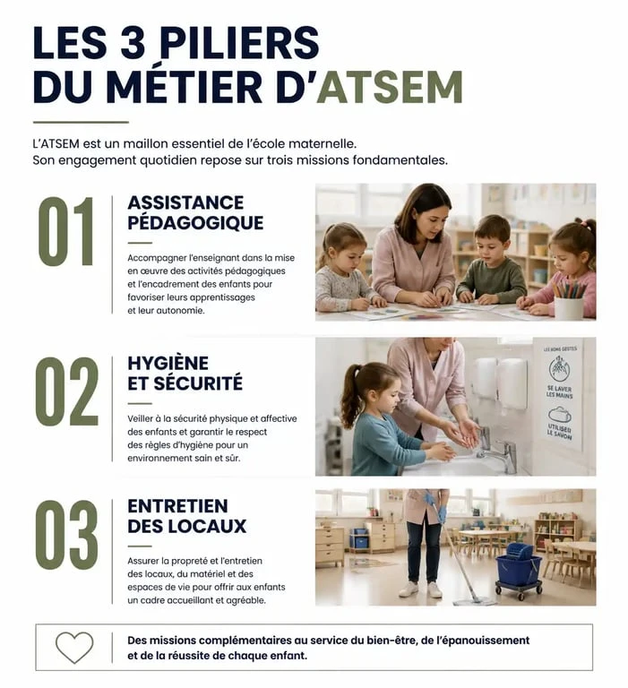Infographie des trois missions principales d'un ATSEM dans une école maternelle