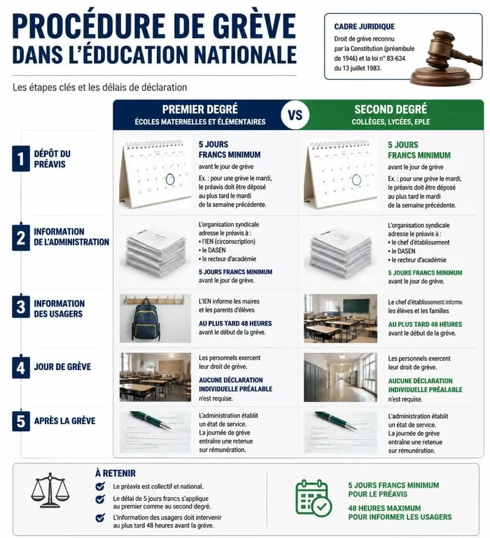 Infographie sur la procédure de grève dans l'Éducation nationale : délais et obligations