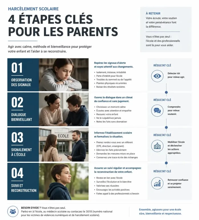 Infographie des étapes à suivre pour les parents face au harcèlement scolaire