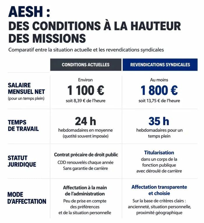 Infographie comparative des conditions de travail et revendications pour la grève AESH