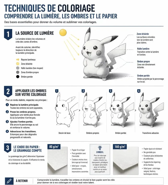 Infographie explicative sur les techniques de coloriage Pokémon pour enfants et conseils de papier