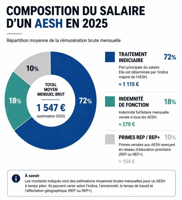 Infographie explicative de la composition du salaire AESH 2025 : traitement indiciaire et primes