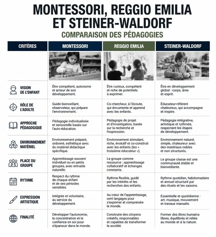Tableau comparatif des pédagogies Montessori, Reggio Emilia et Steiner-Waldorf