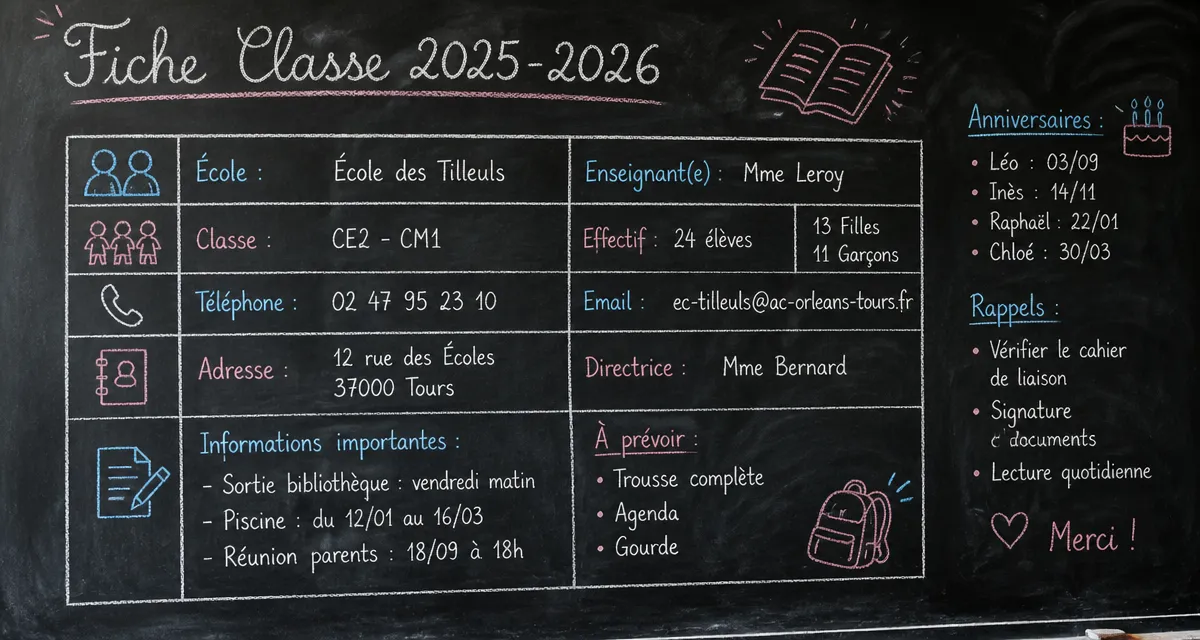 fiche classe 2025 et 2026 écrite à la craie sur tableau noir