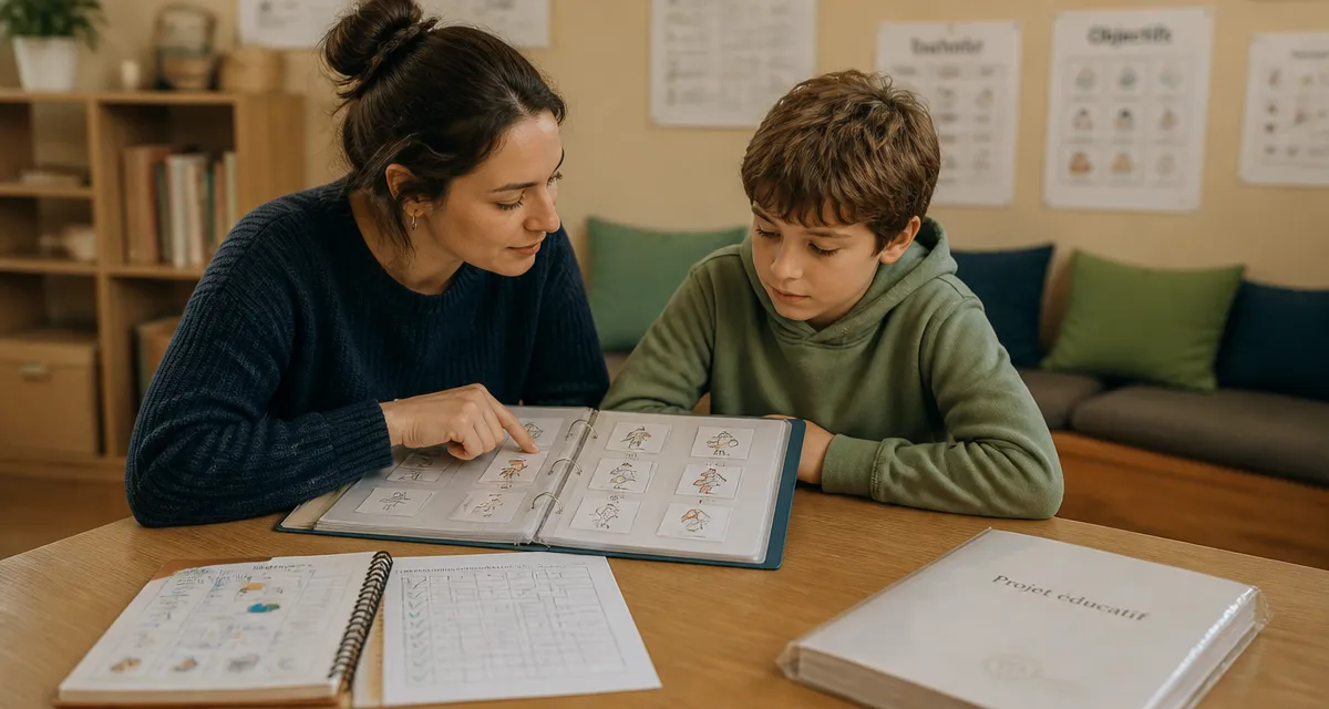 IME CAP autisme : éducatrice avec enfant, pictogrammes PECS/Makaton et suivi.