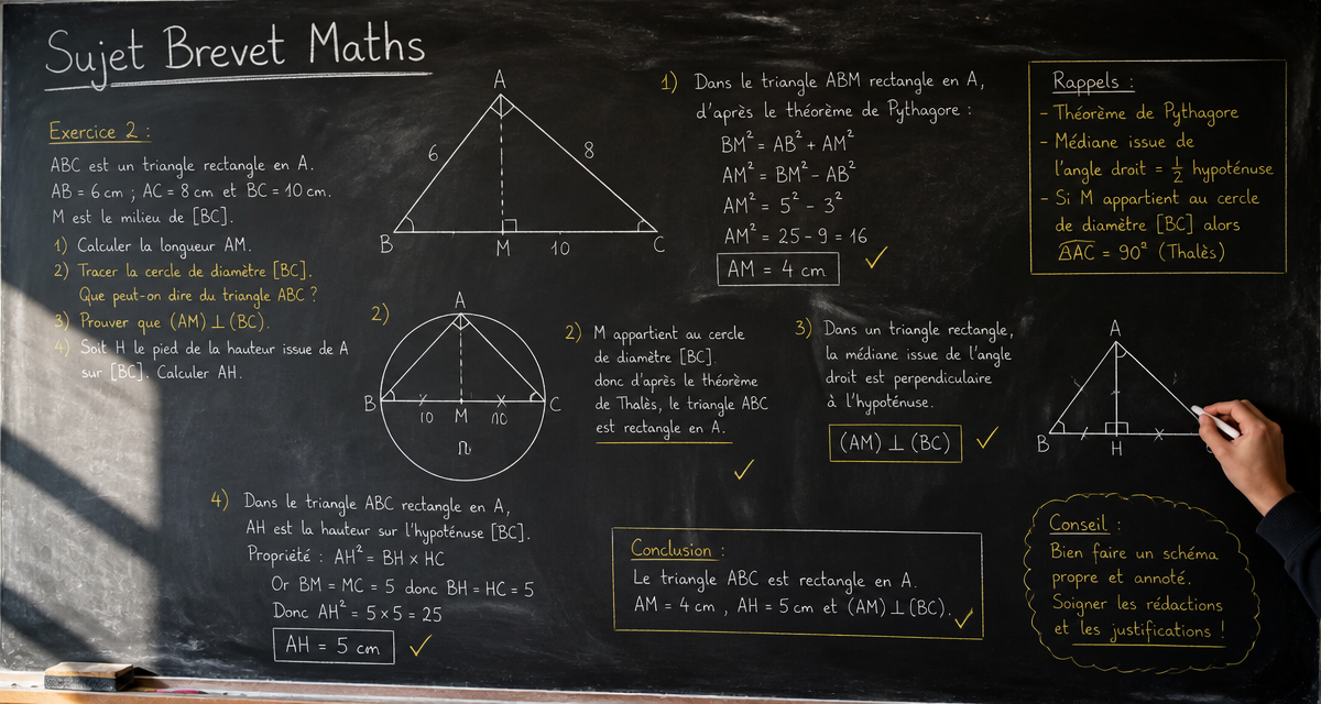 Sujet brevet maths sur tableau avec exercice géométrie