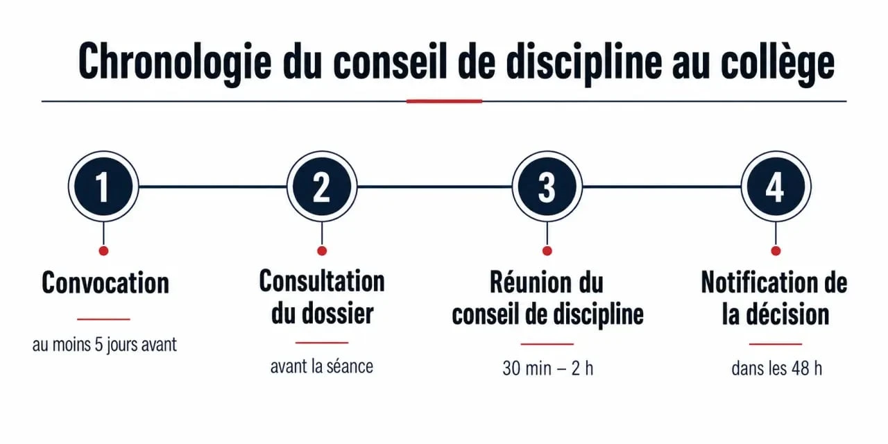 Infographie du déroulement chronologique d'un conseil de discipline au collège