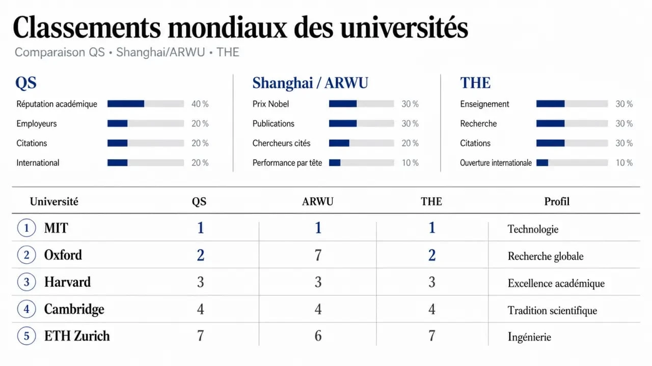 Meilleures universités du monde : comparaison visuelle des classements QS, Shanghai et THE