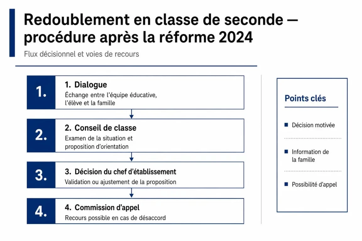 Infographie des étapes de la procédure de redoublement en seconde selon la réforme 2024