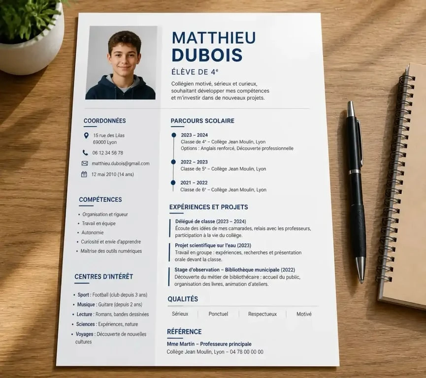 Exemple de structure pour un cv stage 3eme réussi et professionnel