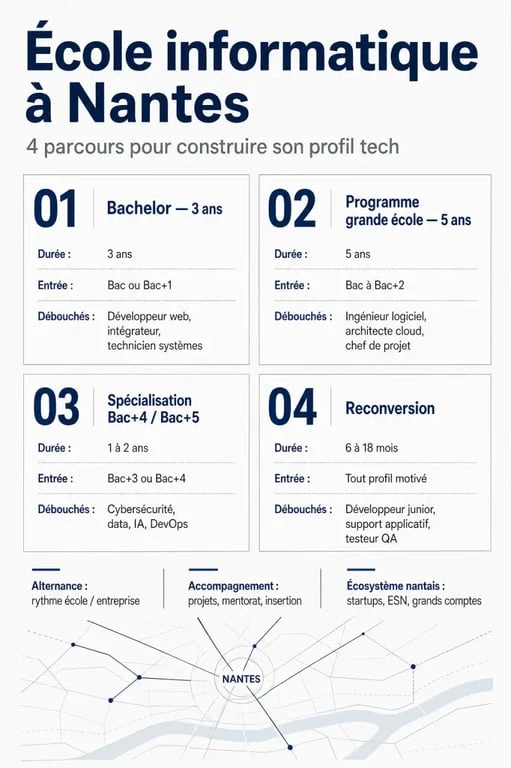 École informatique Nantes : comparaison visuelle des parcours, de l’alternance et des débouchés