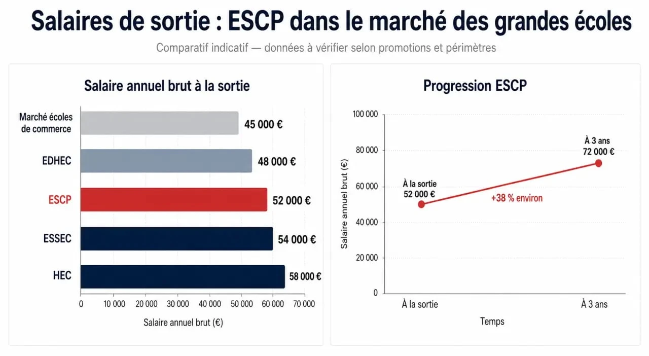 Salaire sortie ESCP comparé aux autres grandes écoles de commerce et progression à 3 ans