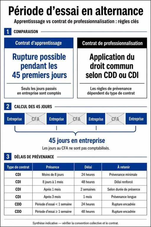 Période d’essai alternance : infographie comparant apprentissage et contrat de professionnalisation
