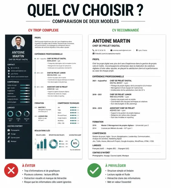Comparaison entre un CV non optimisé et un CV optimisé pour les logiciels ATS pour un cv gratuit en word.