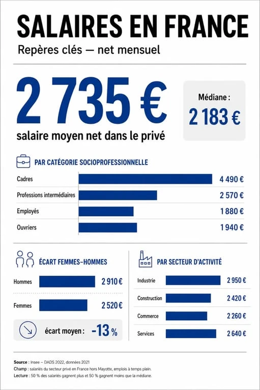 Infographie sur la moyenne salaire France avec comparaisons par secteur, métier et genre