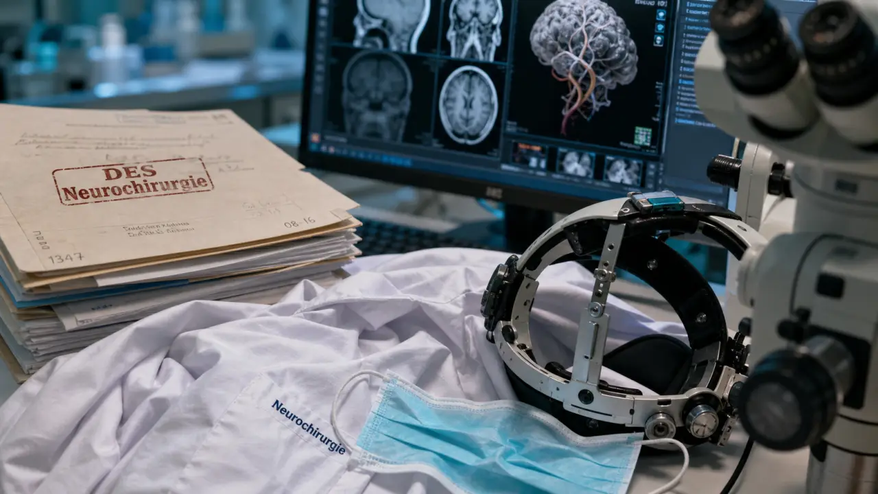 Etude neurochirurgie : blouse, casque et microscope, internat en 3 phases