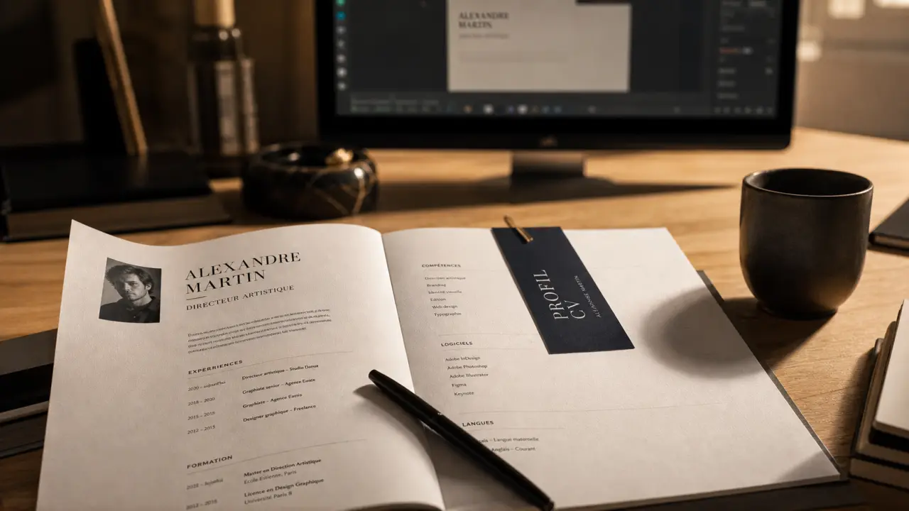 Profil cv exemple sur bureau : CV ouvert, stylo, carte Profil CV