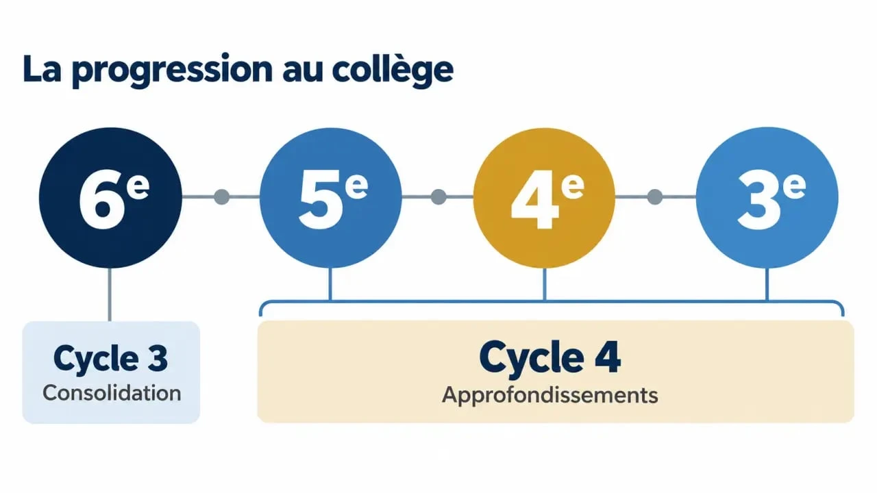 Infographie sur le collège avec les niveaux de la 6e à la 3e et les cycles 3 et 4