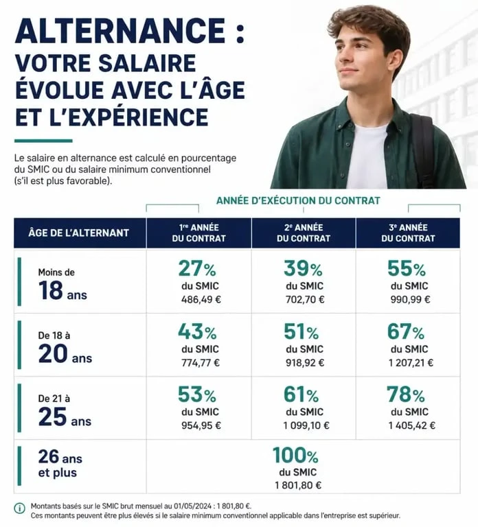 Tableau récapitulatif de la rémunération en offre alternance selon l'âge et l'année de contrat