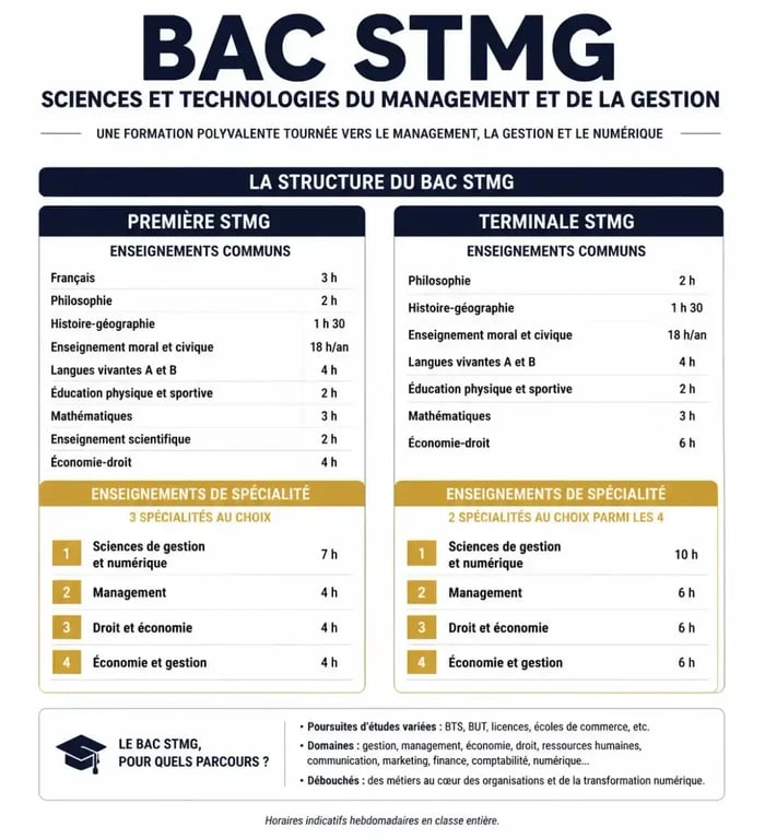 Schéma des spécialités du bac STMG de la première à la terminale