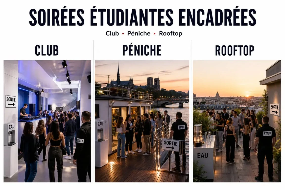 Soirée étudiante en club, sur une péniche et sur un rooftop avec ambiance festive et encadrement visible
