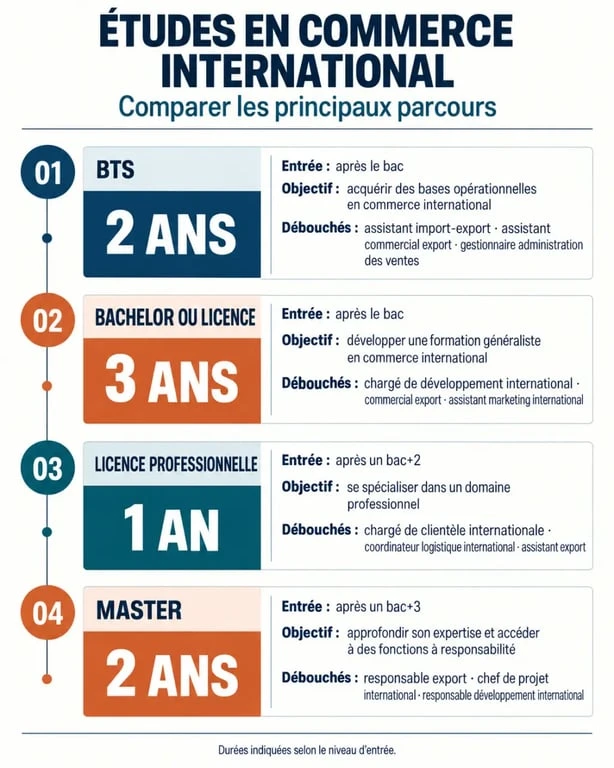 Infographie des parcours d’études en commerce international et de leurs débouchés