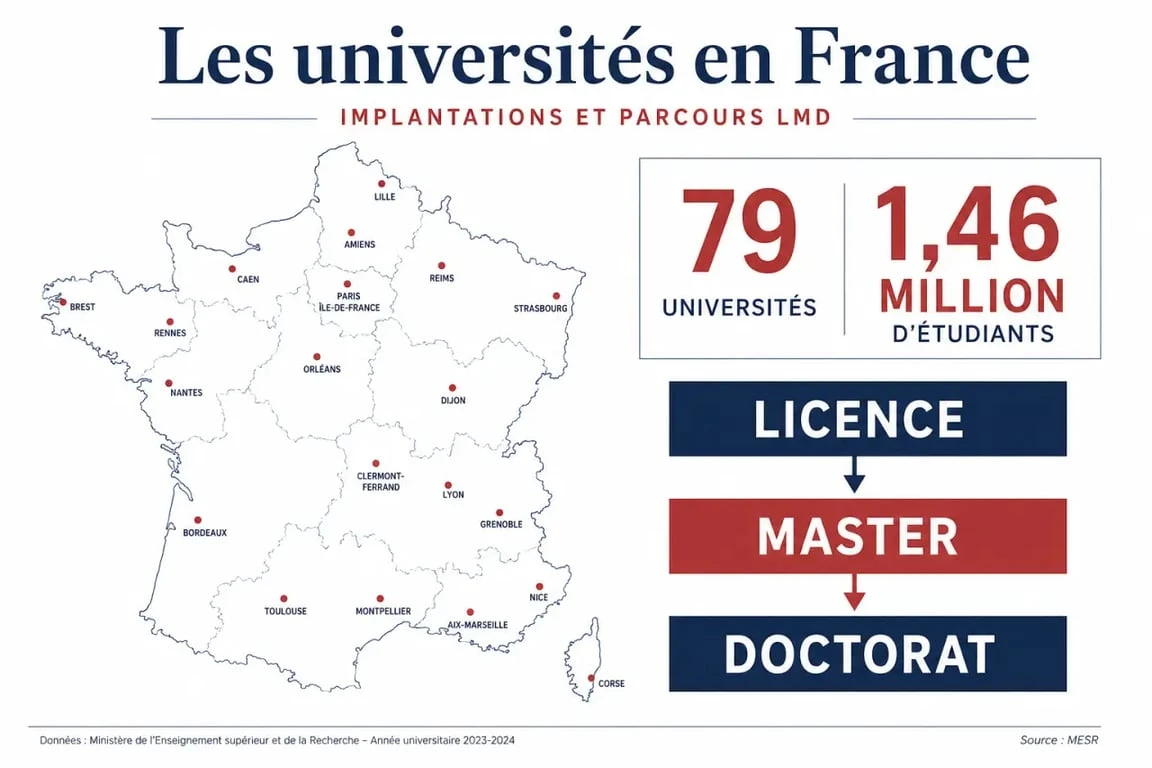 Universites France : illustration éditoriale du parcours licence-master-doctorat et des chiffres clés du supérieur