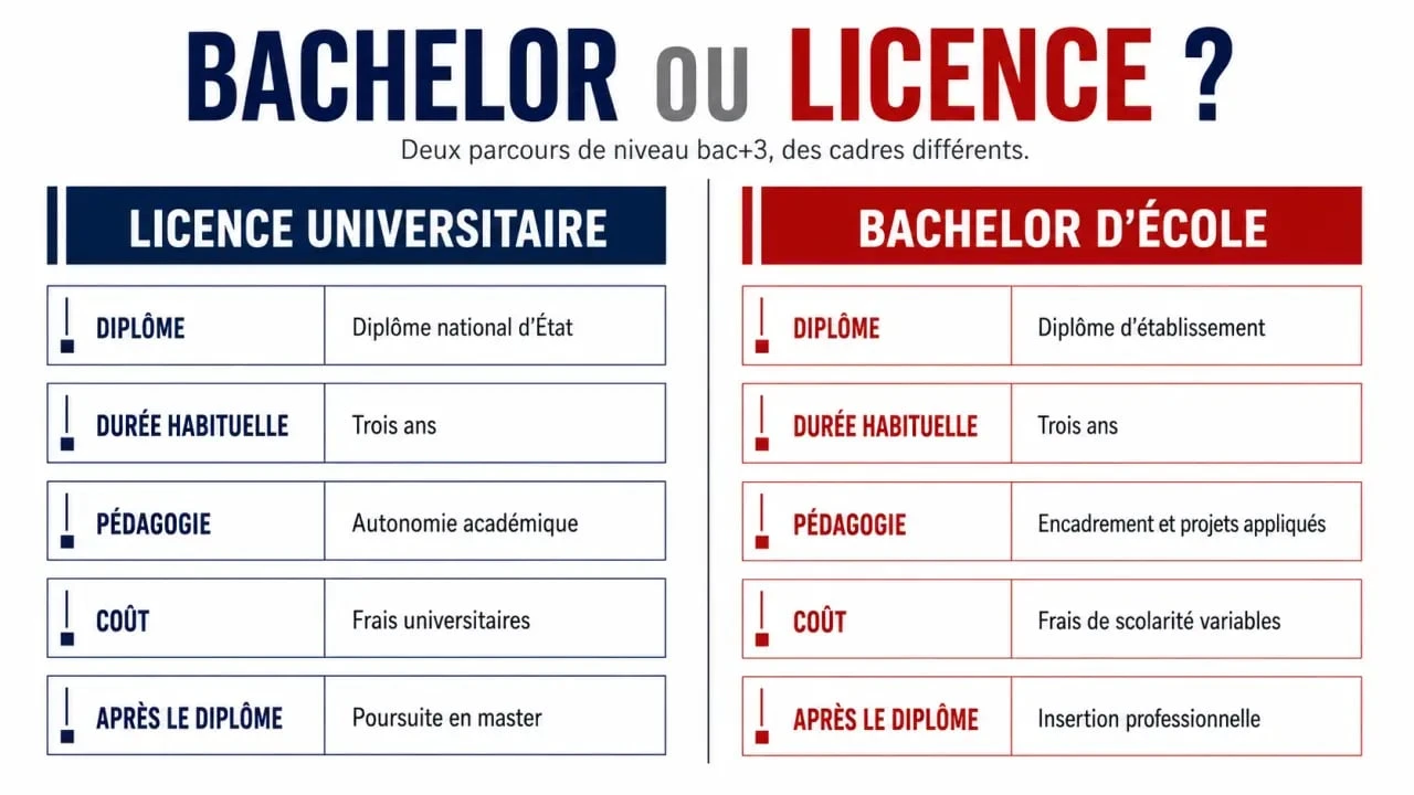 Infographie comparative Bachelor ou licence : reconnaissance, pédagogie, coût et débouchés