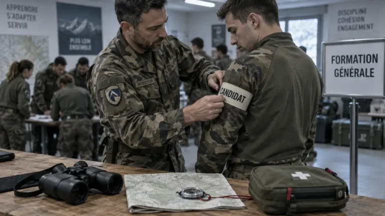 Formation militaire : instructeur ajuste un brassard en salle de formation