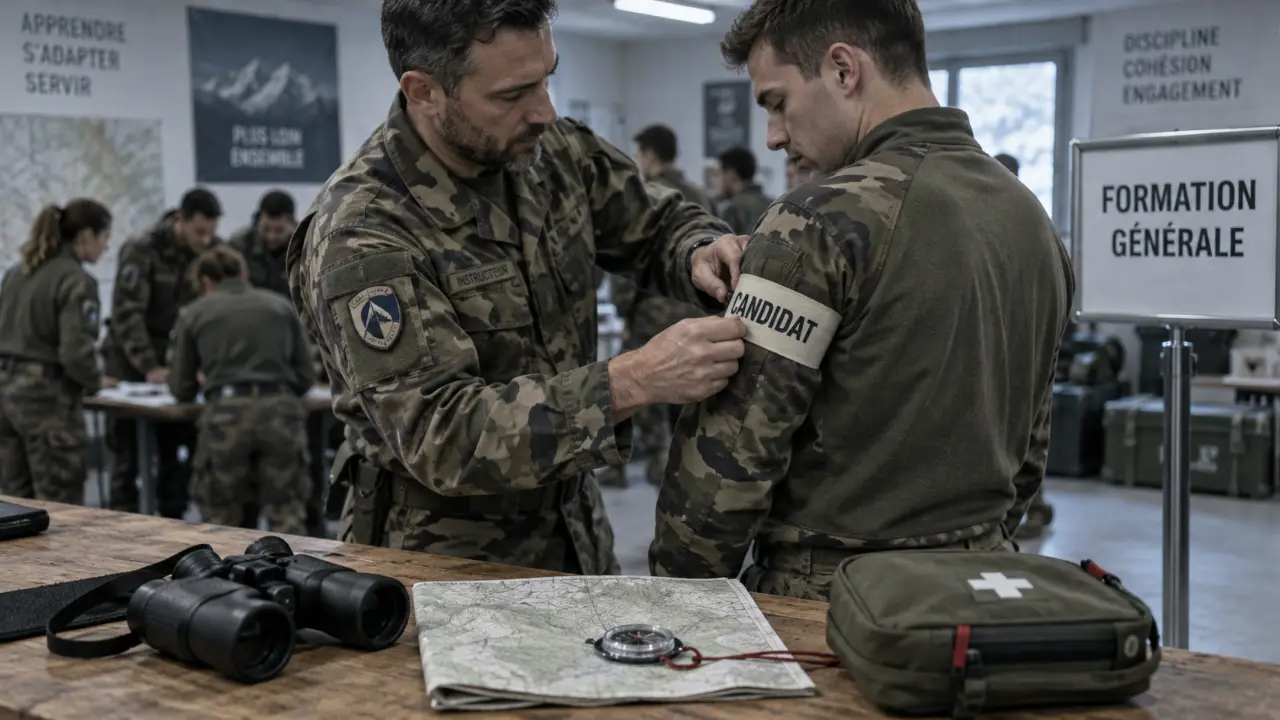 Formation militaire : instructeur ajuste un brassard en salle de formation