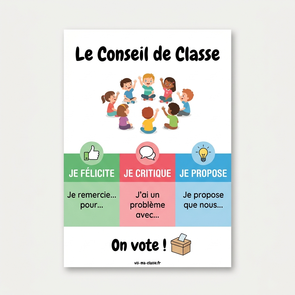 Affiche du conseil de classe avec les 3 piliers : je félicite, je critique, je propose