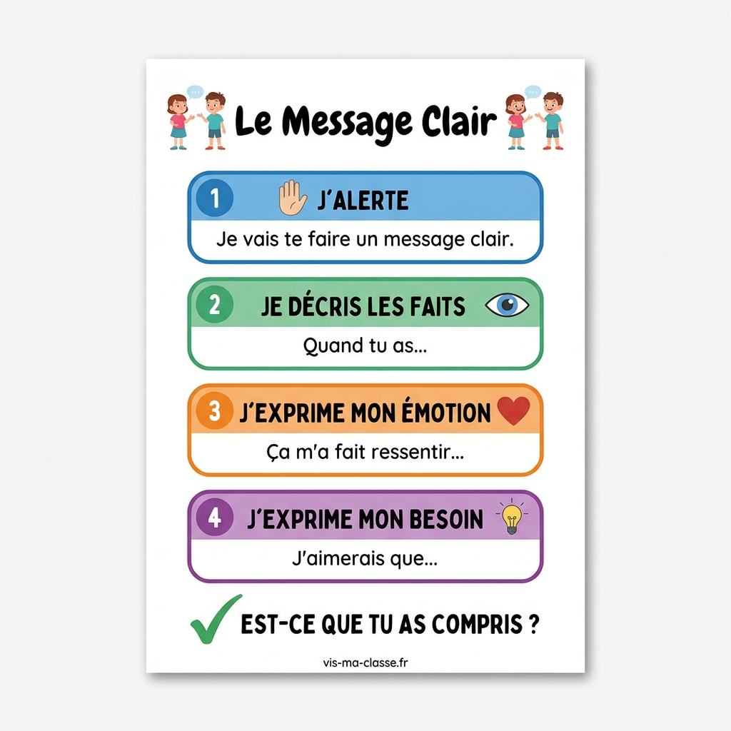 Affiche du message clair avec les 4 étapes : j'alerte, je décris les faits, j'exprime mon émotion, j'exprime mon besoin