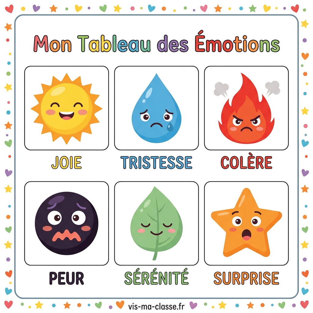 Tableau des émotions pour enfant avec 6 émotions illustrées : joie, tristesse, colère, peur, sérénité et surprise